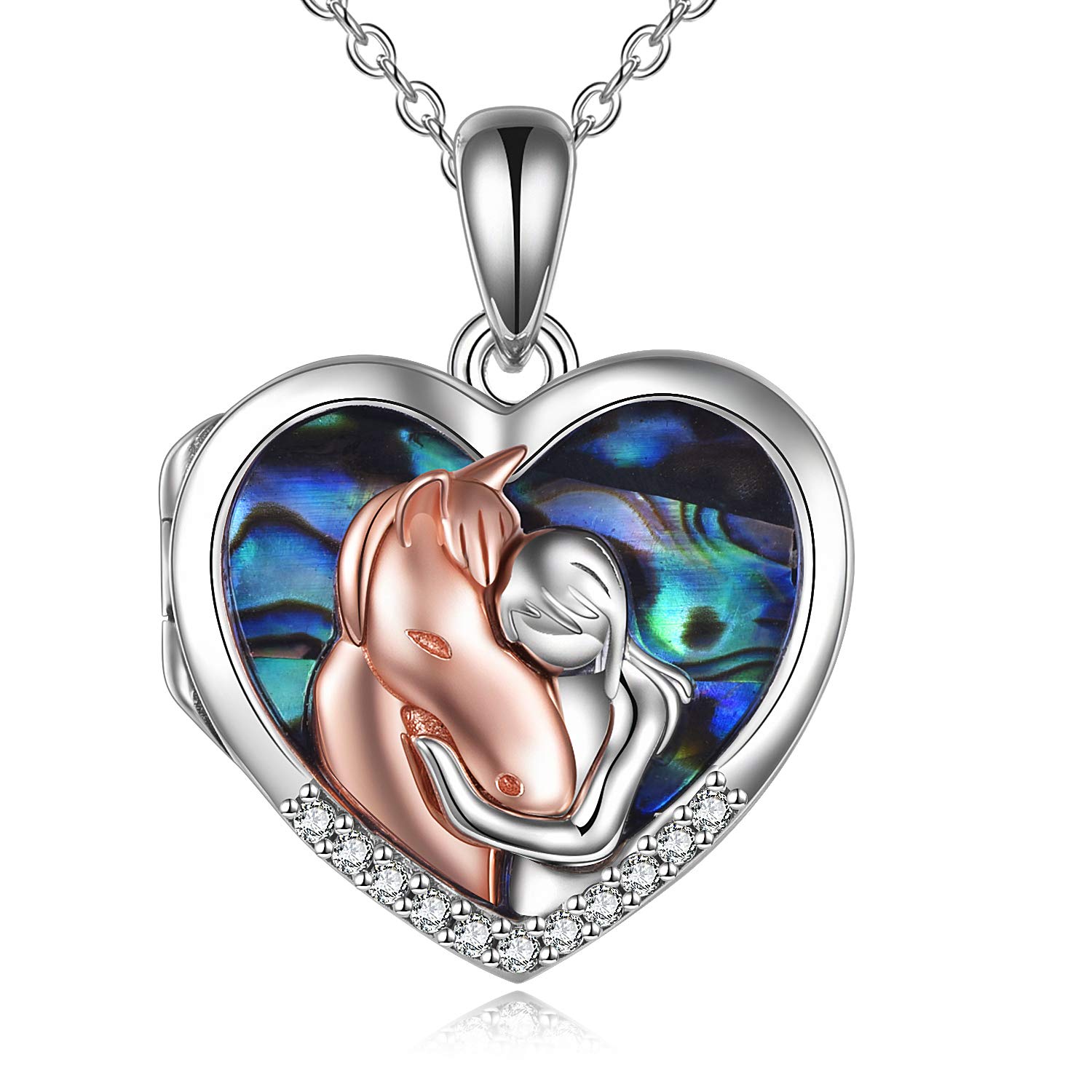 YFN Sterling Silver Horse lockets for women that hold pictures Heart Locket Necklace for Wife Girlfriend (Horse Locket Necklace with Girl) — image 1