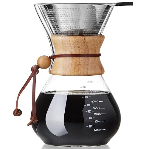 MESNEY Pour Over Coffee Maker, 800 ml Coffee Maker with Stainless Steel Filter, Heat-Resistant Borosilicate Glass, Stovetop Safe, Reusable Cooffe Filter