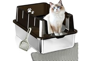 Sousia Stainless Steel Cat Litter Box with Lid Litter Pan Enclosure, High Fence to Prevent Side Leakage, Suitable for Large Cats and Multiple Cats, Comes with Cat Litter Scoop and Mat - Clear Black