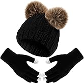 Geyoga Womens Winter Hats and Gloves Set with Pom Pom Warm Fleece Lined Knit Beanie Hat Touchscreen Gloves