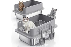 Jotesnew 2 Pack XL Stainless Steel Cat Litter Box with Lid and High Sides, 24" L x 16" W x 12" H Extra Large Metal Cat Litter Boxes for Big Cats, Leak-Proof, Non-Stick, Odor-Resistant, Includes Scoop