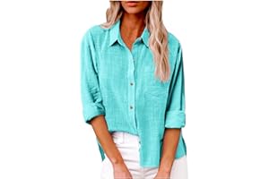 FLOLEO Summer Linen Shirts for Women Solid Color Button up Shirt 3/4 Sleeve Short Sleeve Cotton Linen Shirts Trendy Loose Top