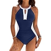 BMJL One Piece Swimsuit Women Tummy Control Modest Plus Size Bathing Suits Full Coverage Retro Color Block Swimwear