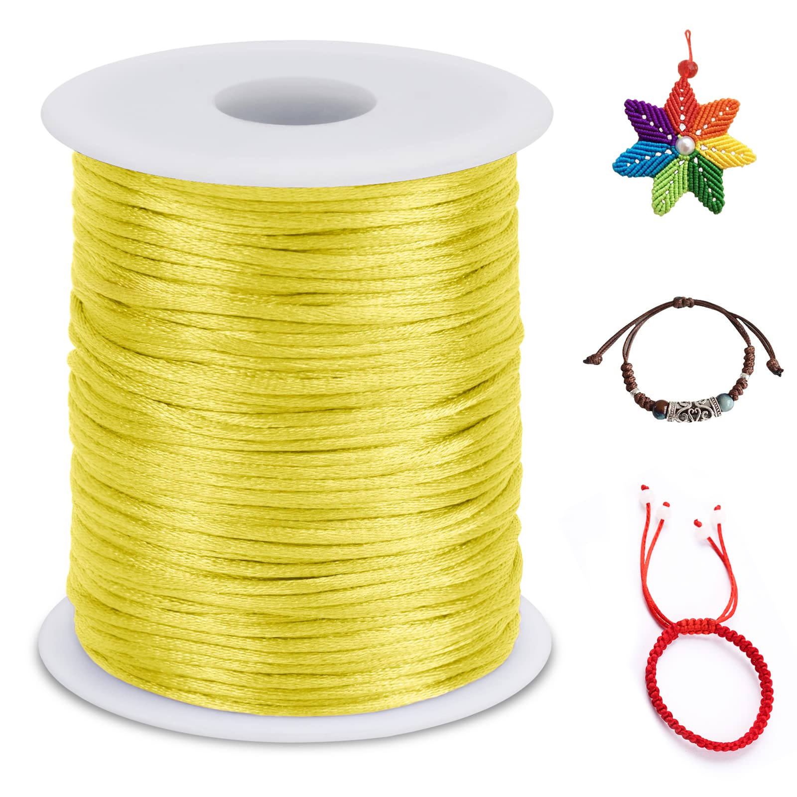 LEREATI Nylon Cord 1.5mm x 100m, Satin Cord Nylon String Macrame Cord, Coloured Beading Thread String for Making Bracelet, Necklace, Chinese Knot, Jewellery (Lemon Yellow)