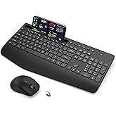 Wireless Keyboard and Mouse Combo - Ergonomic Full-Size Keyboard with Wrist Rest, Phone Holder, Quiet Typing, Power-Saving Sl