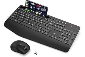 Wireless Keyboard and Mouse Combo - Ergonomic Full-Size Keyboard with Wrist Rest, Phone Holder, Quiet Typing, Power-Saving Sl