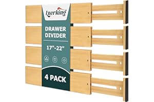 Lzerking Drawer Divider 4 Pack, Kitchen Bamboo Drawer Organizers, 17-22" Adjustable Wood Dividers for Clothes, Spring Loaded, Works in Kitchen, Dresser, Bathroom and Bedroom