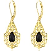 Twoowl Black Onyx Earrings 925 Sterling Silver Hypoallergenic Filigree Leverback Dangle Drop Earrings Birthday Jewelry Gifts for Women