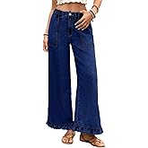 Astylish Wide Leg Jeans for Women Stretch High Wasited Baggy Trendy Denim Jean Ruffle Hem Pants