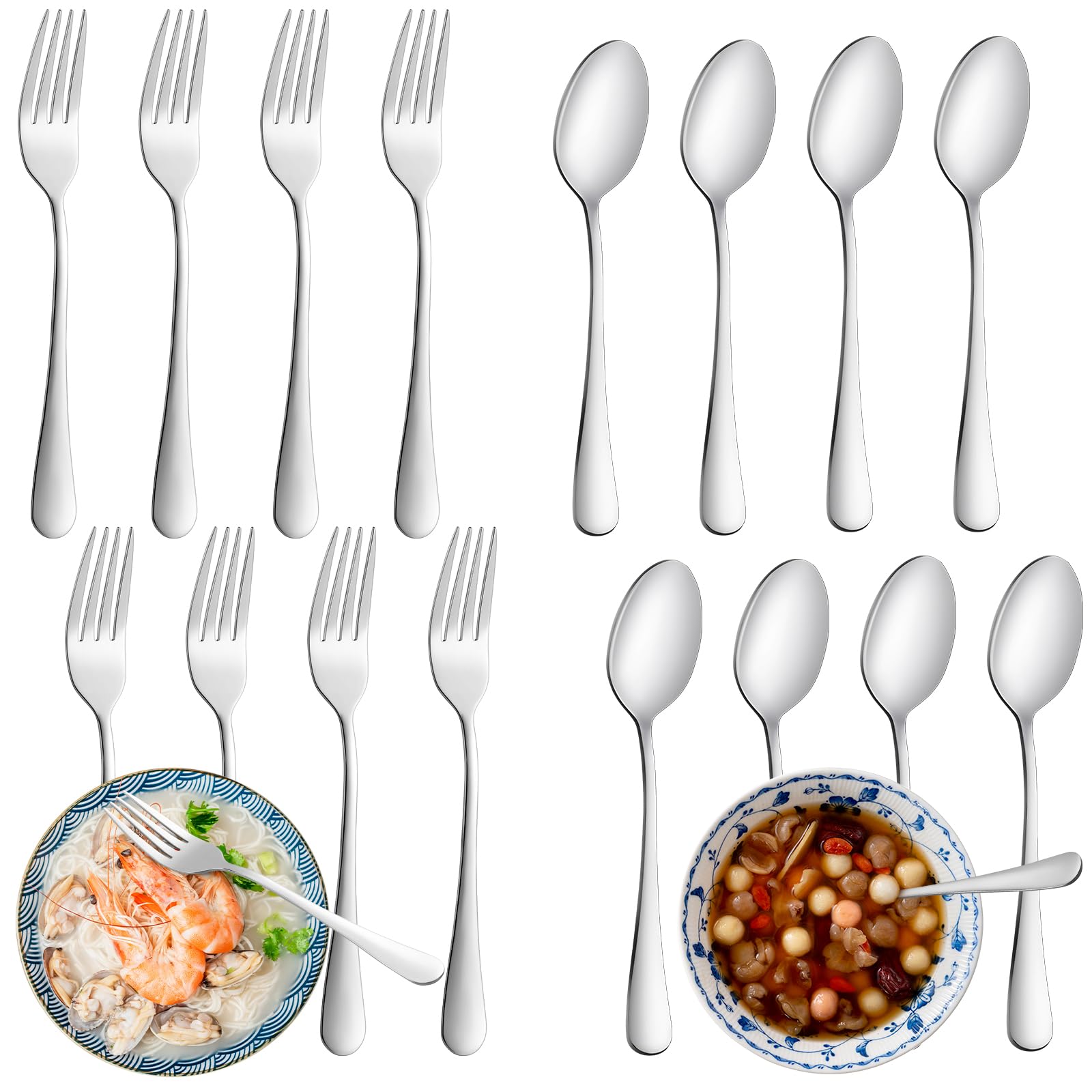 Photo 1 of 24 Pcs Forks and Spoons Silverware Set, Food Grade Stainless Steel Flatware Cutlery Set for Home, Kitchen and Restaurant, 12 Dinner Fork(8") and 12 Teaspoon(6.7"), Mirror Polished, Dishwasher Safe