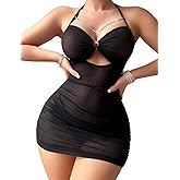 Avidlove Women's Sexy Bodycon Mini Lingerie Dress with Thong Set - Sheer Mesh Ruched Chain S-XXL