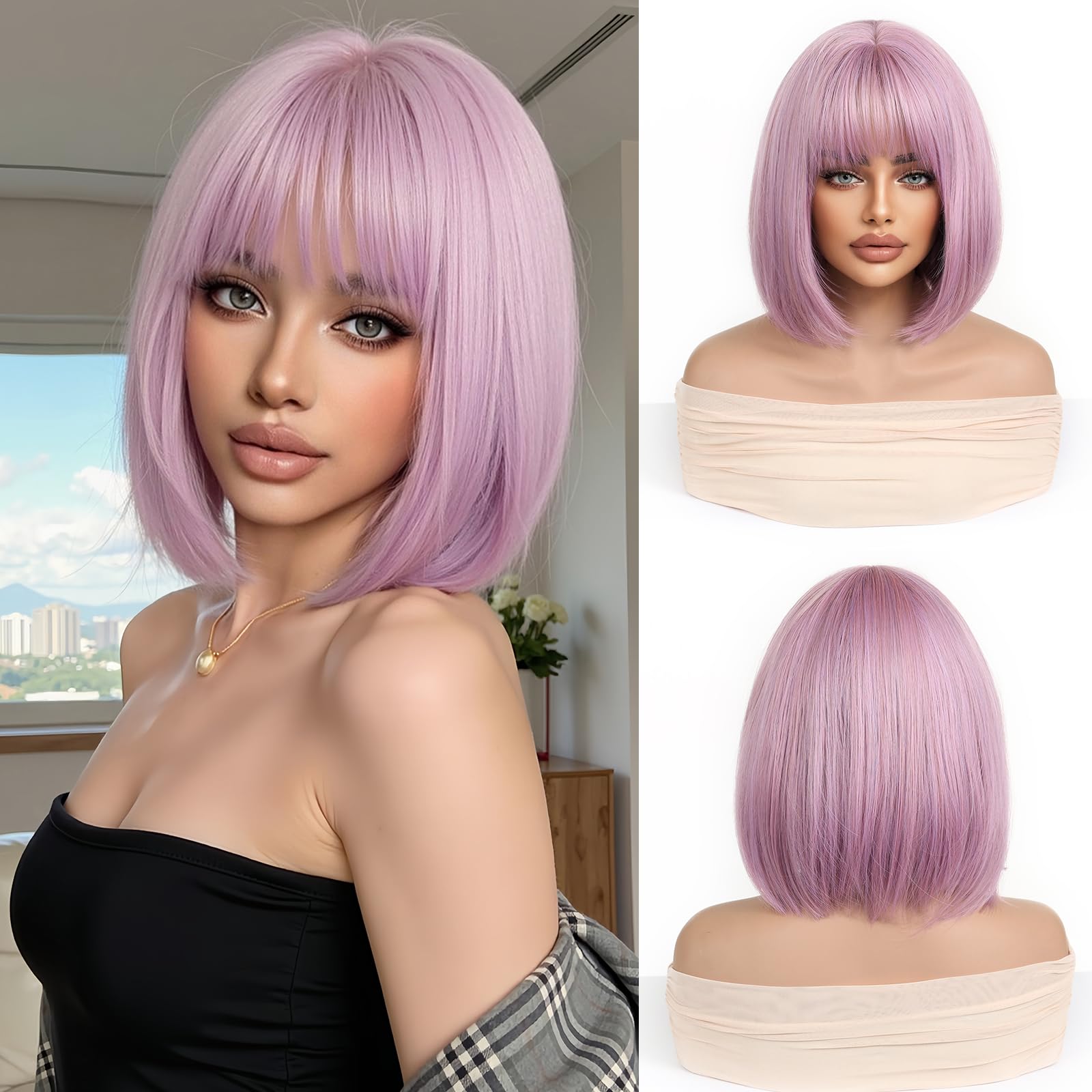 Esmee Short Straight Pink Purple Bob Wigs With Bangs Shoulder Length Wig Synthetic Cosplay Wigs for Women — image 1