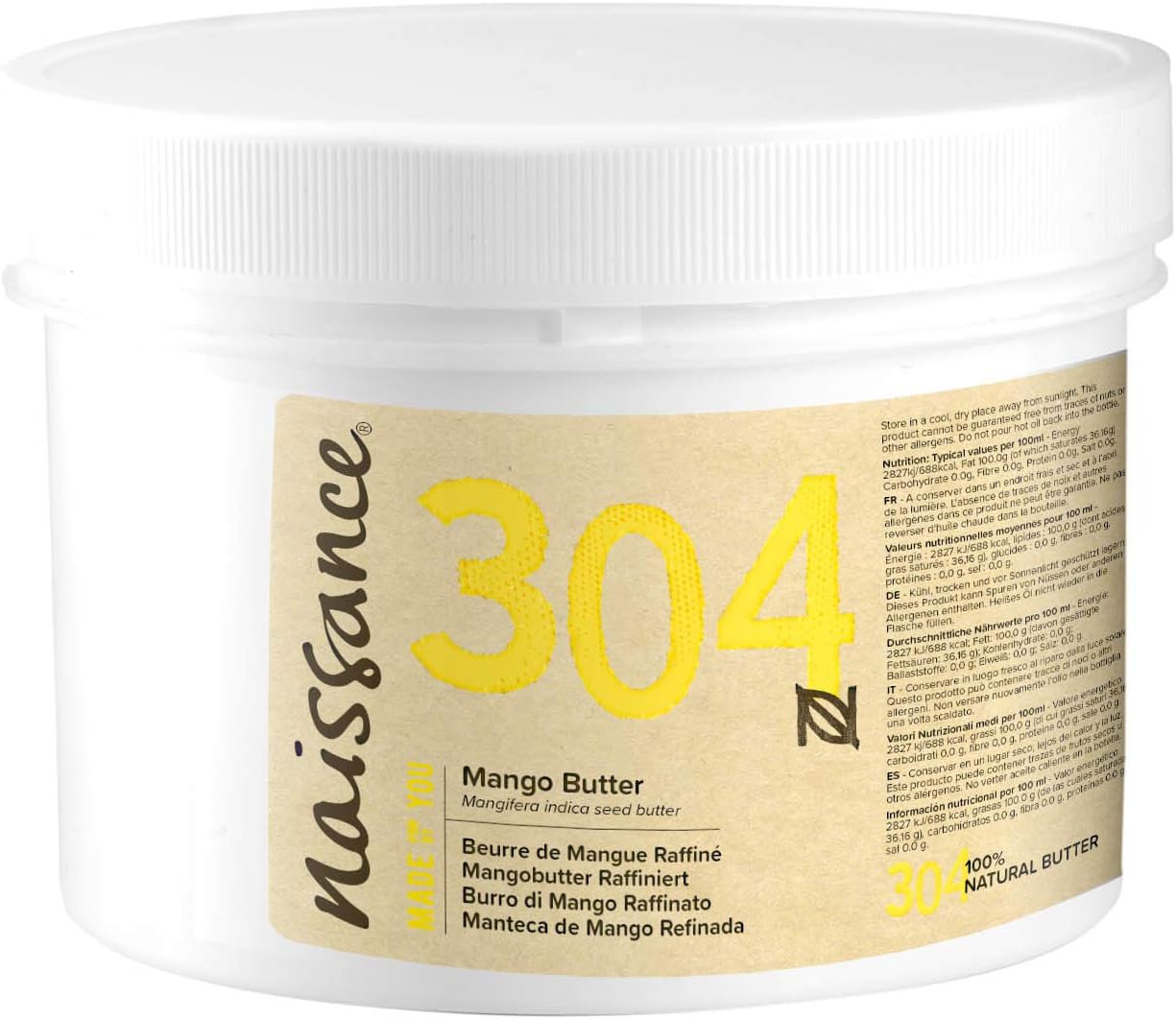 Naissance Refined Mango Butter (No. 304), 250g, Moisturising and Nourishing, for Aromatherapy Skincare, Haircare