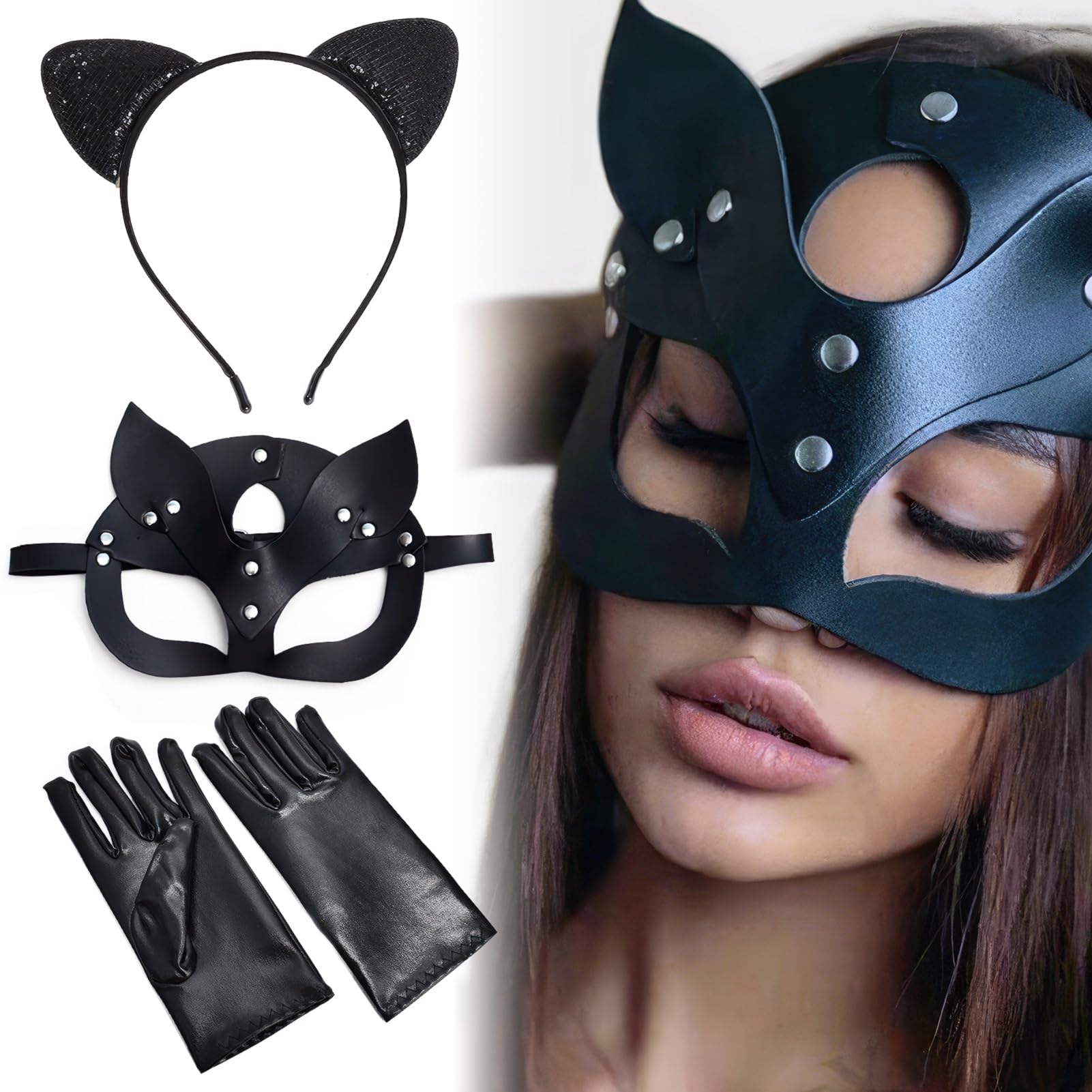 Boyigog Women Leather Cat Mask with Cat Ears Headband Gloves Set, Half Face Eyemask Cosplay Costume Props Accessories for Halloween Masquerade Mardi Gras Carnival Party