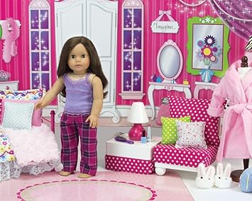 18 Inch Doll Furniture Set: White Chaise, Chair, Ottoman, Lamp, Hot Pink/White Polka Dot Cushions, 2