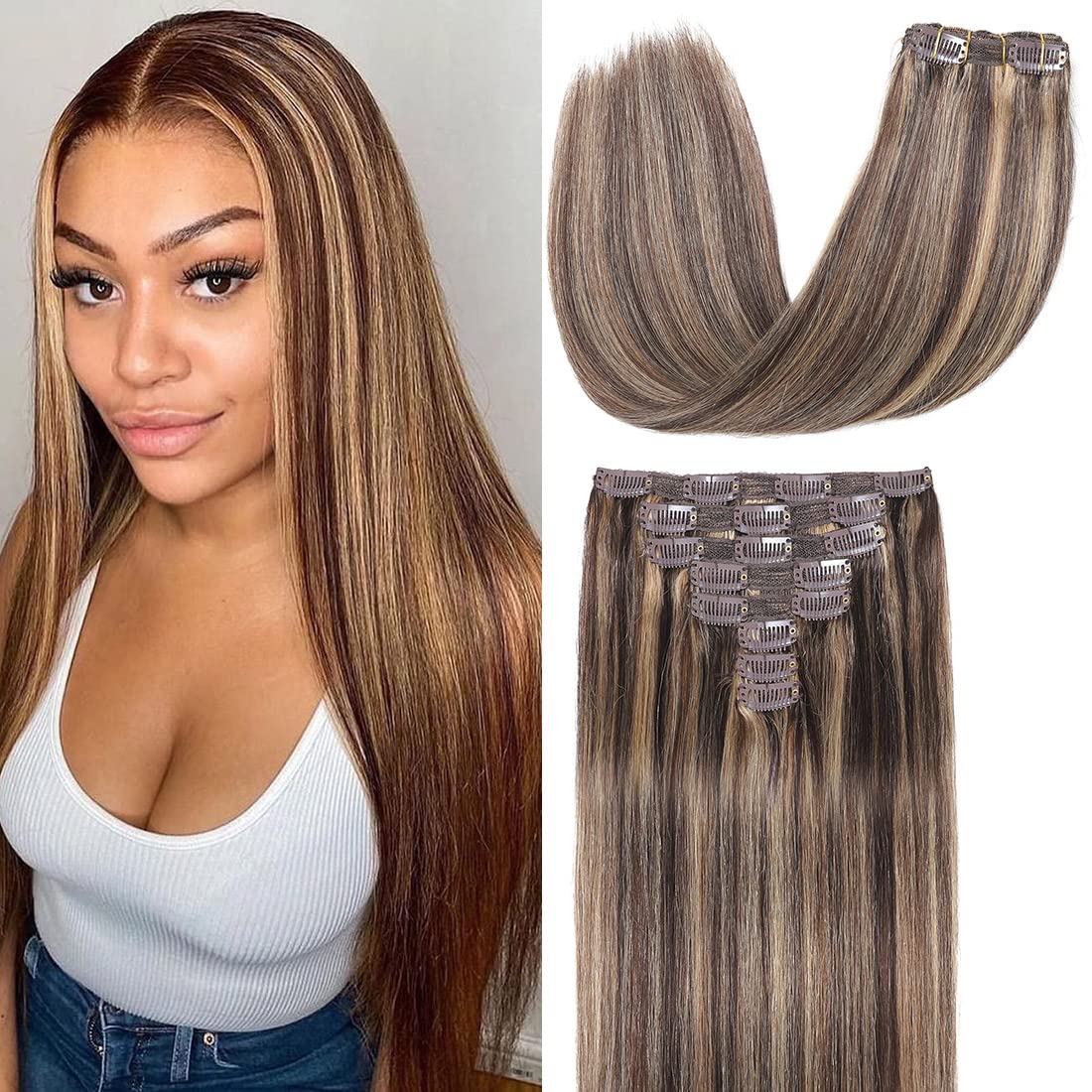 Clip in Hair Extensions Real Human Hair 8 Pieces Straight Real Remy Human Hair Full Head Human Hair Extensions Clip in Double Weft Real Remy Hair (#4/27 Medium Brown Mix Dark Blonde, 14 Inch) — image 1