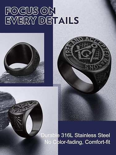 Mens 316L Stainless Steel Freemasonry Ring – Black Silver Masonic Band, Durable And Stylish