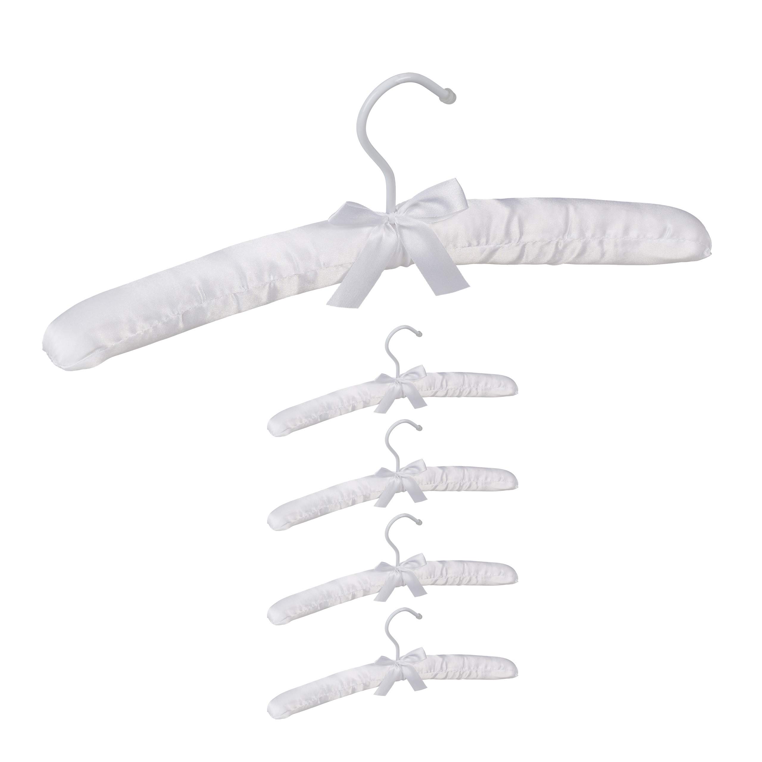 Relaxdays Satin Clothes Hanger Set of 5, Soft Padding, 360° Swivel Hooks, Decorative Bow, 38 cm Wide, White, Wood, 14 x 38 x 3cm