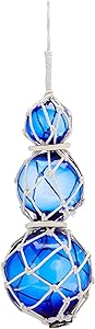 Hampton Nautical 3xglass-101 Triple Blue Japanese Ball Fishing White Netting Decoration 11"-Glass Buoy Float