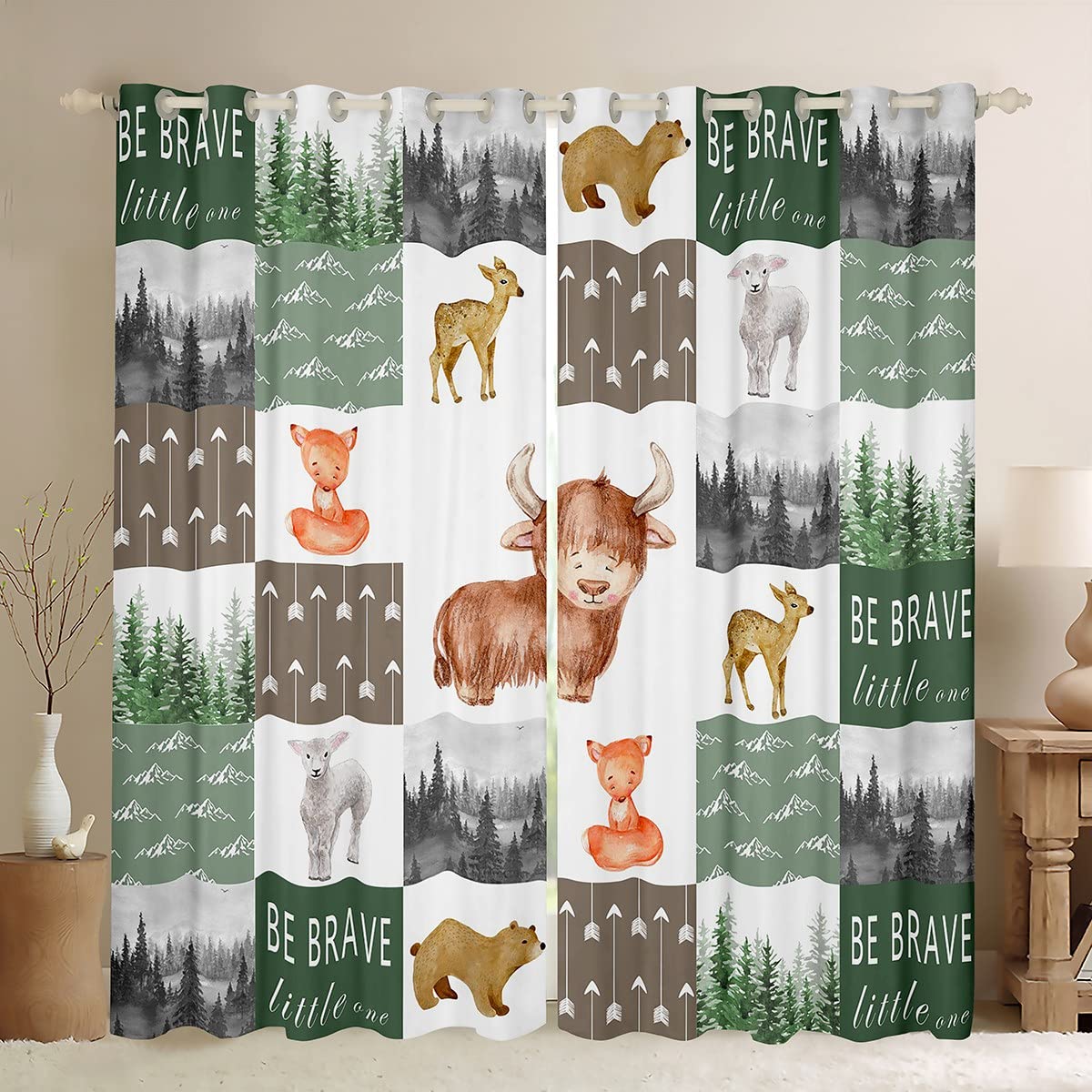 Loussiesd Kids Cute Highland Cow Curtains for Bedroom Toddler Cartoon Bear Deer Fox Window Curtains Boys Girlsren Woodland Wild Animals Window Drapes Plaid Arrow Window Treatments W46*L54
