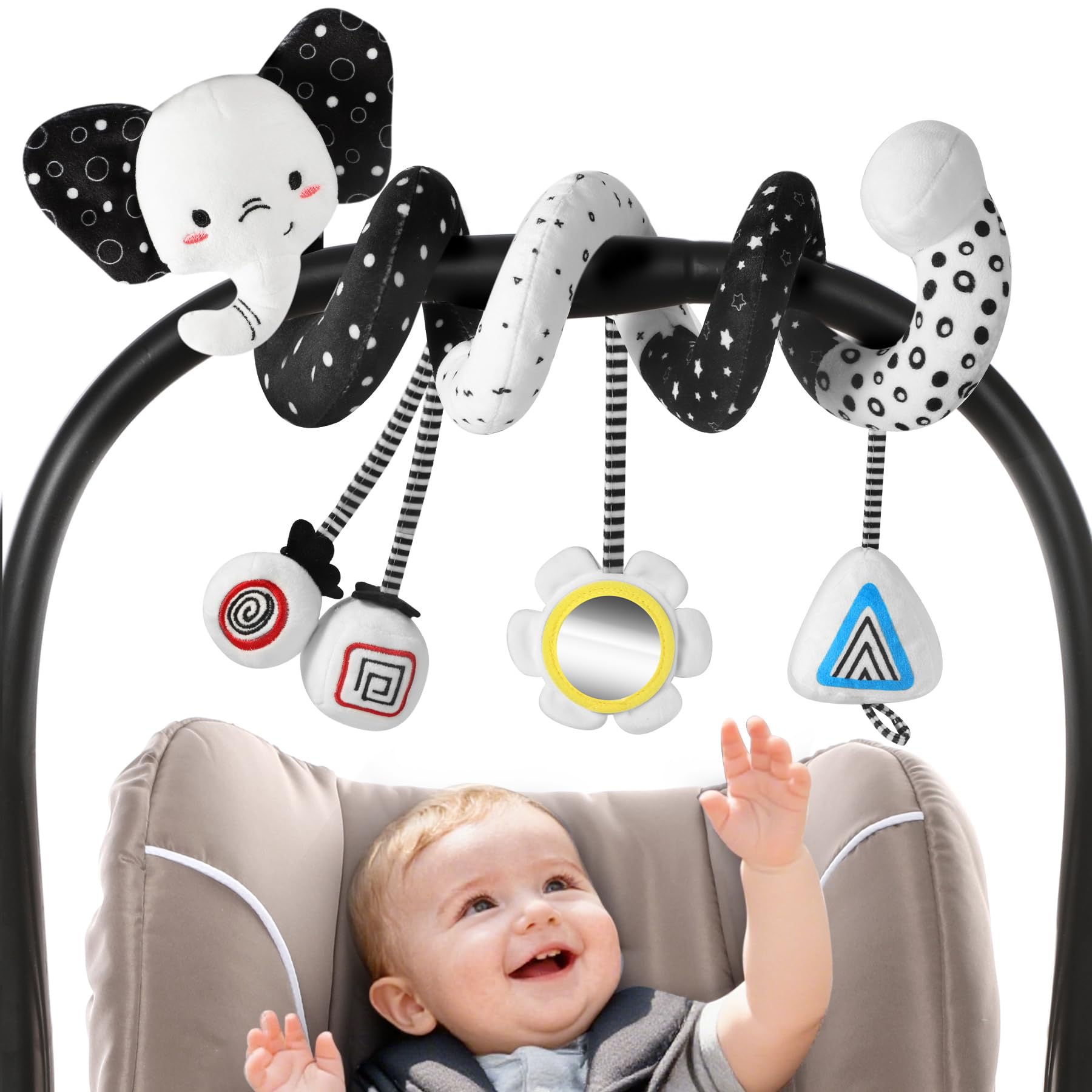 URMYWO Spiral Pram Toy Newborn Sensory Toys 0-12 Months Car Seat Toys Black & White High Contrast Rattles with Giraffe&Hedgehog Gift for Baby Boys Girls (Black and white)
