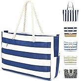 Fammart Large Canvas Beach Bag for Women, Beach Bags Waterproof Sandproof with Zipper & Wet Bag Cruise Essentials