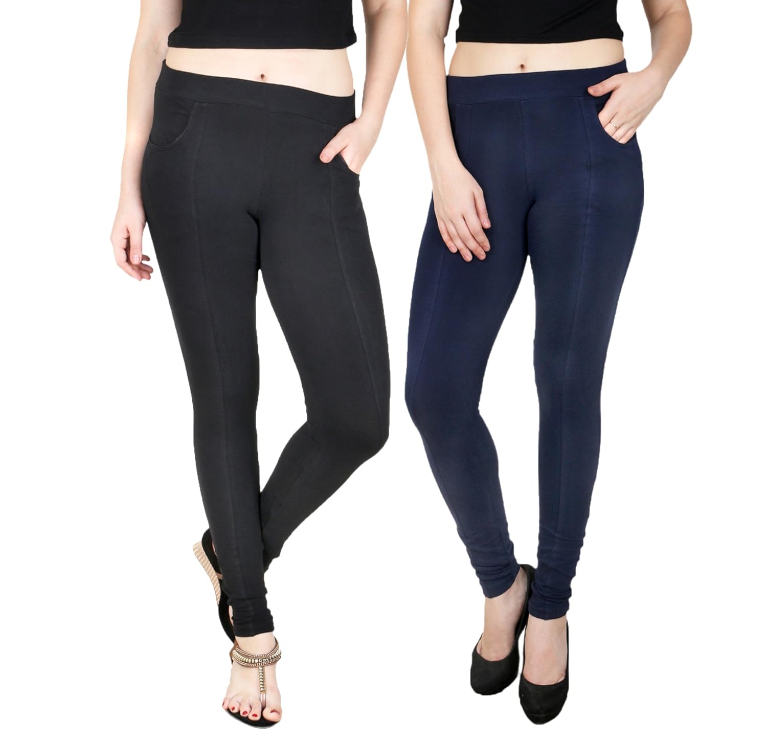 baremoda women's cotton lycra black navy jeggings combo pack of 2