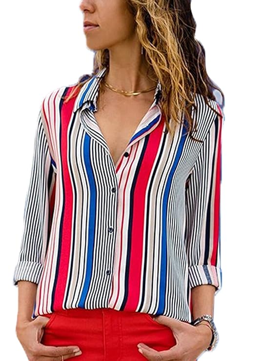 Astylish Women's V Neck Roll up Sleeve Button Down Blouses Tops