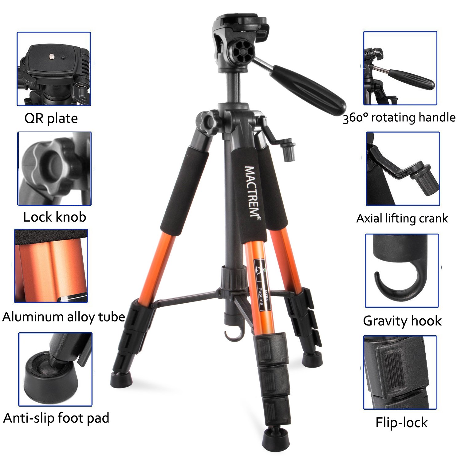 Camera Tripod Lightweight Portable Travel Tripod Aluminum Camcorder Stand MACTREM 55-Inch with Bag for DSLR Nikon Canon Sony Olympus Fuji Pentax Lumix DV Video (Orange)