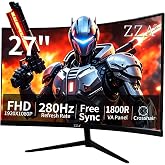 ZZA 27 Inch Curved Gaming Monitor 280Hz, FHD 1080P PC Monitor, 1ms Gamer Screen, AMD FreeSync Premium, 100% sRGB, VESA Mountable, Eye Care Computer Monitor for Gaming Home Office