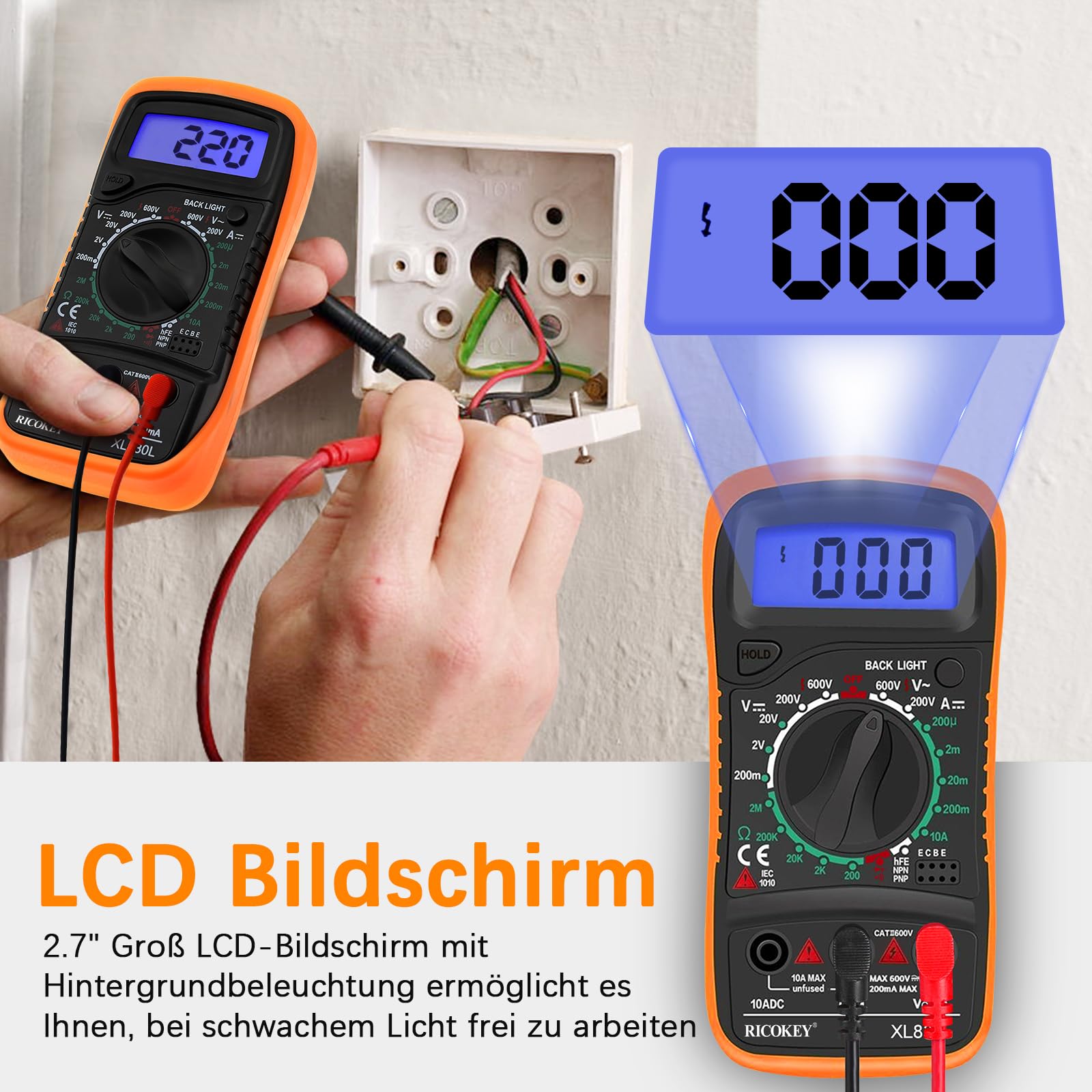 Digital Multimeter Voltmeter Batterietester Spannungsprüfer Durchgangsprüfer Ohm Volt Ampere Messgerät AC/DC Spannung Strom Widerstand Diode Transistor, Großes LCD Anzeige und Hintergrundlicht 4