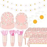 Domensi 214 Pcs Daisy Party Supplies Set Includes Daisy Paper Plates and Napkins, Cups, Cutlery, Tablecloths, Banner for Groovy Birthday Party Baby Shower Decorations, Serves 30