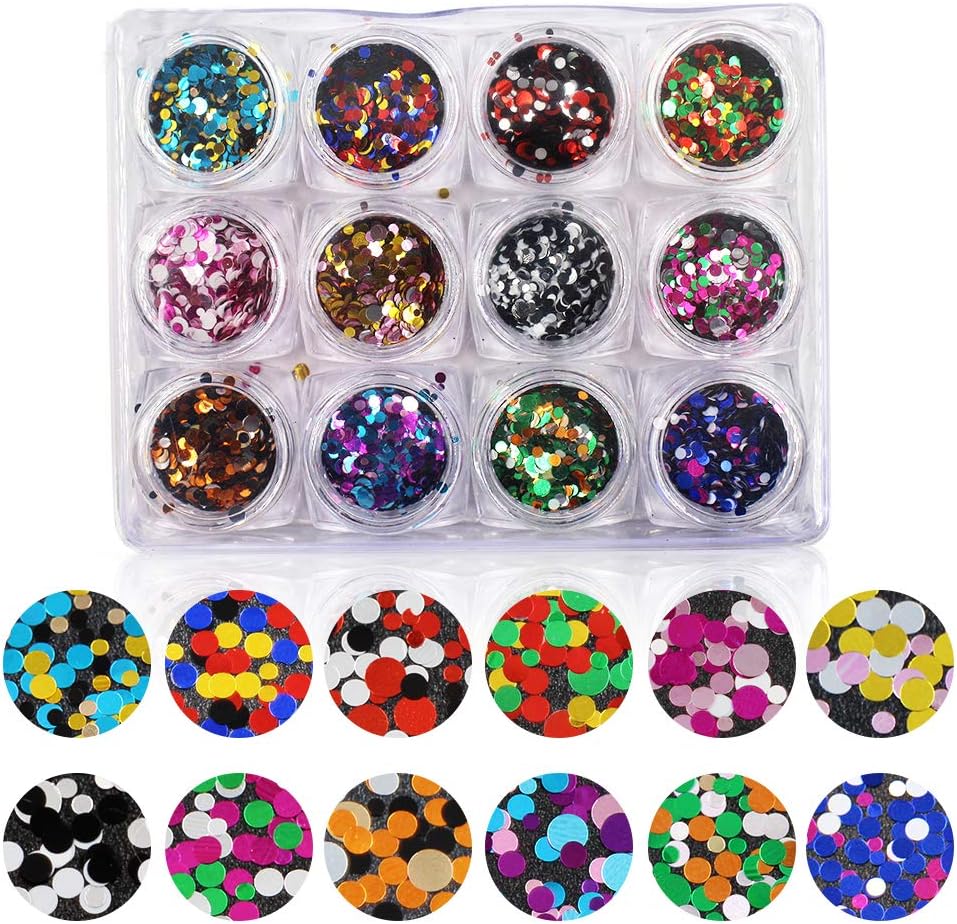 QIMYAR 12Pcs/set Mixed Colors Round Sugar Nail Glitter Thin Paillette Nail Art DIY Colorful Dot Shapes Glitters Nails Decorations Tools …