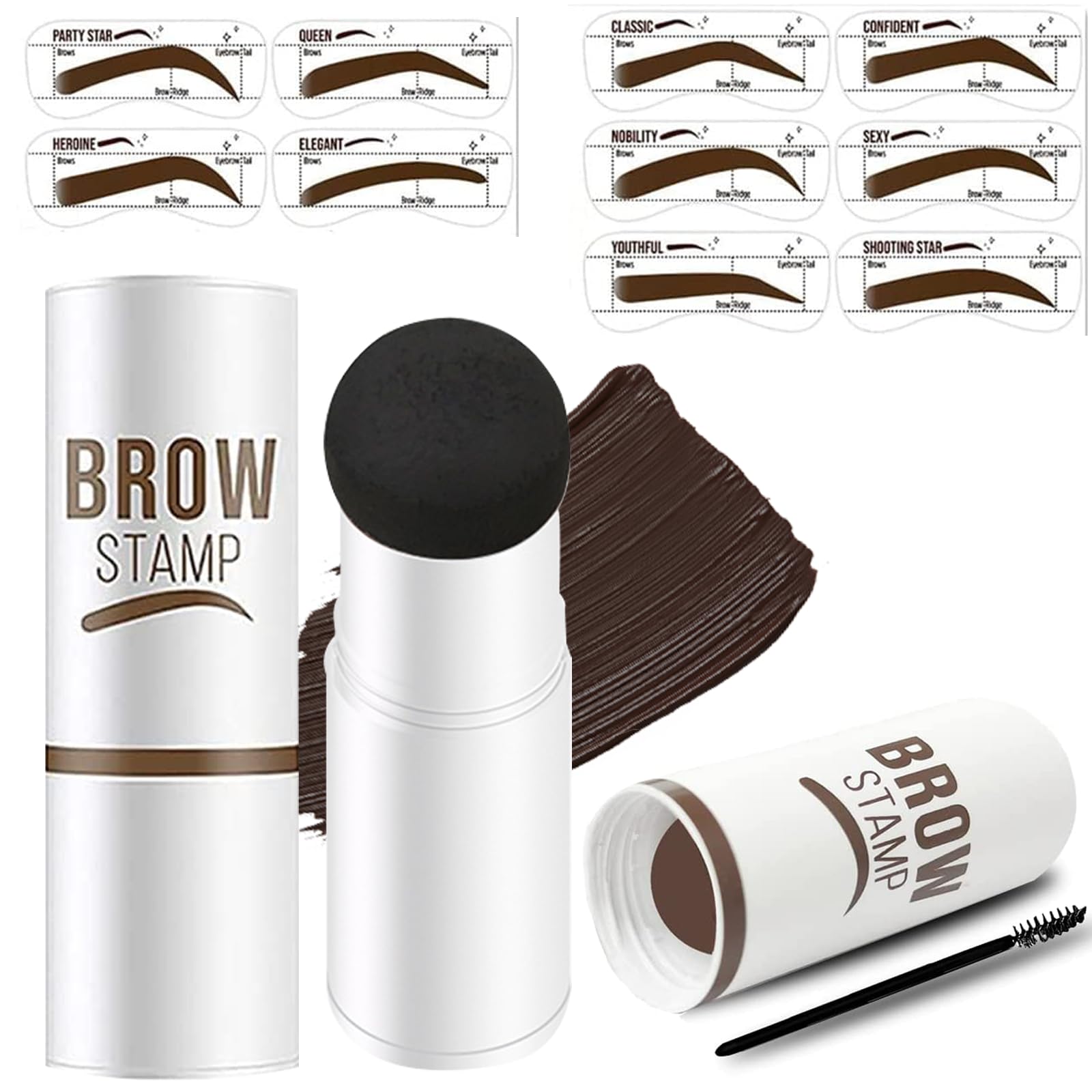 Eyebrow Stamp and Stencil Kit - One Step Eyebrow Stamp Stencil Kit - Waterproof and Smudge-proof Brow Stamp Kit with 10 Eyebrow Stencils - Eyebrow Stencil Makeup Kit (Dark Brown)