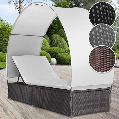 MIADOMODO Polyrattan Sonnenliege für 1 Person inkl. Kissen und Sitzauflage mit Rückenlehnen und Sonnendach, 4-fach höhenverst