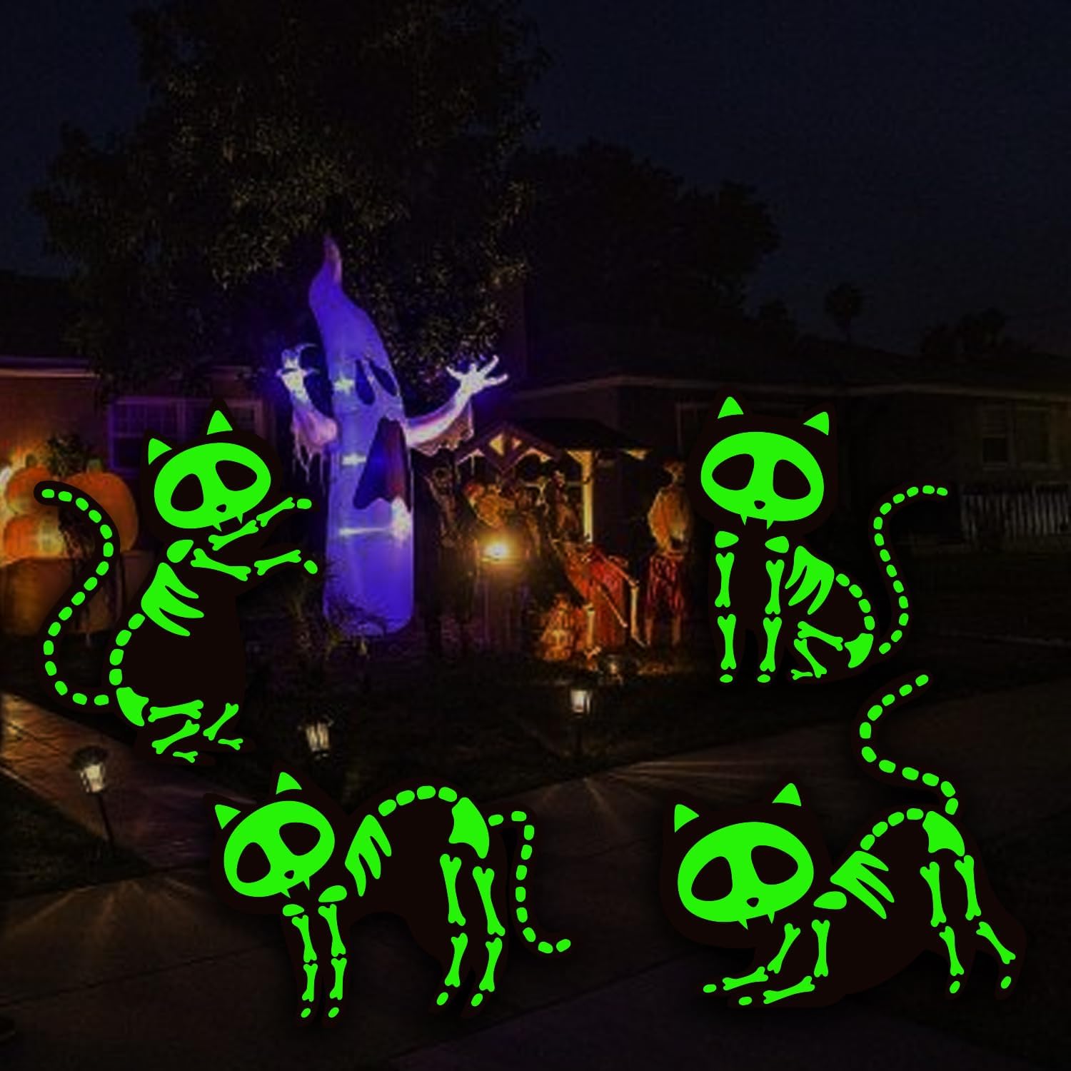 Yard Signs - Halloween Yard Signs Glow in the Dark,4Pack Glow in the Dark Skeleton Black Cat Silhouette Lawn Signs,Lawn Yard Party Decorations,Cat Silhouette with Glow in Dark Skeletons (Fluorescent green)