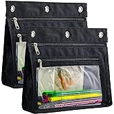 YoeeJob 2 Pack Expandable Pencil Pouches for 3 Ring Binders, Black | 1-inch expansion, 2 clear PVC pockets, 3 holes, large-capacity storage for school and office supplies.