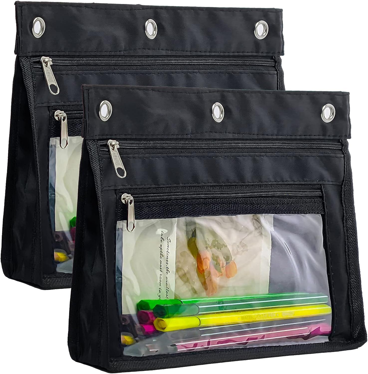 Photo 1 of YoeeJob 2 Pack 1 Inch Expandable Zipper Pencil Pouches with Clear Window for 3 Ring Binder, Suitable for School & Office (Black)