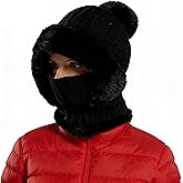 Black Women'S 3-In-1 Knitted Hat With Scarf And Mask, Knitted Fleece-Lined Warm Ski Scarf And Mask Set