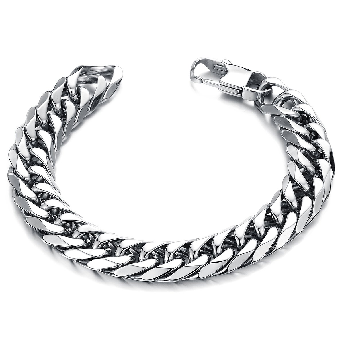 JewelryWe Men's 14mm Heavy Wide High Polished Stainless Steel Curb Link Chain Bracelet, Colour Silver, Length 8.66 inch (with Gift Bag)