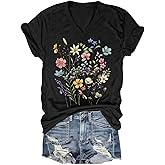 Graphic Tees for Women V-Neck Boho Tops Wildflowers Vintage Western Short Sleeve Fall Shirts