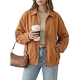 PHISOCKAT Faux Suede Jacket Women Oversized Casual Zip Up Long Sleeve Bomber Jackets Trendy Coat with Pockets