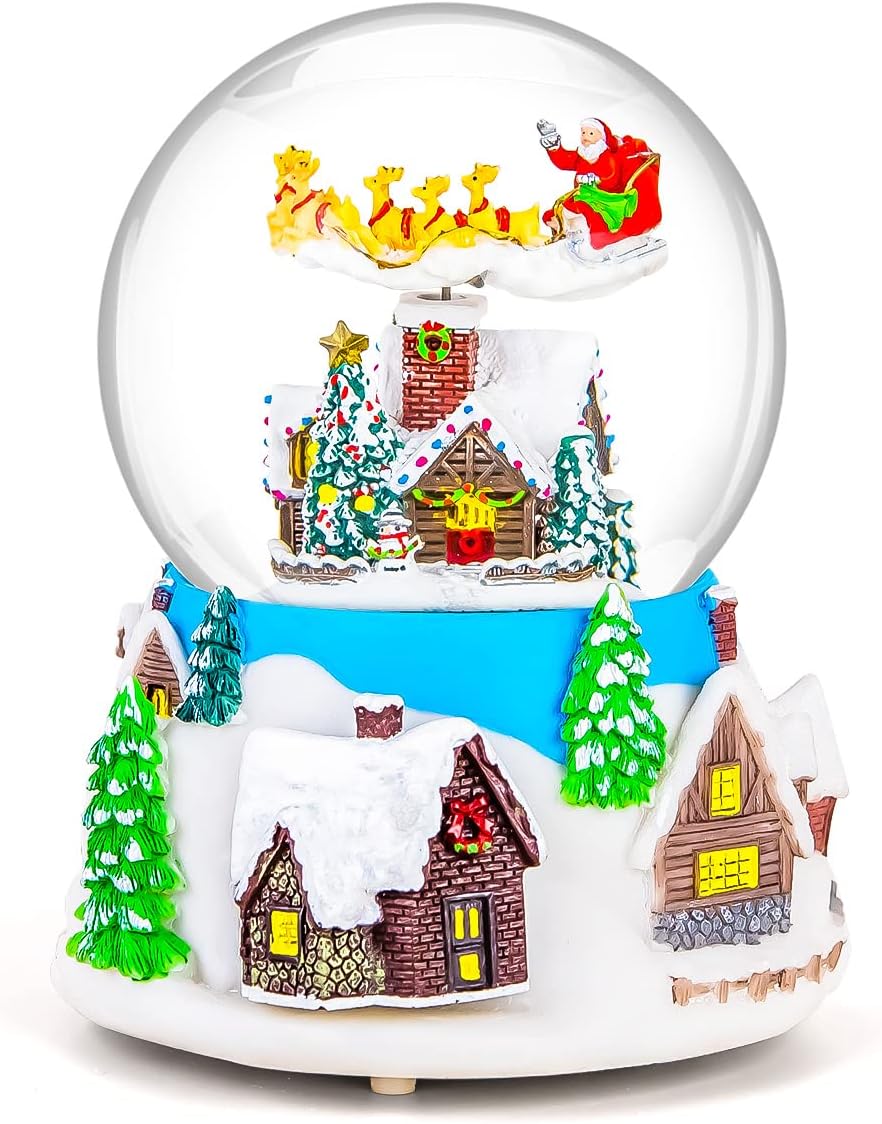 Snow Globes - Mr.Winder Musical Rotating Santa Claus Flying Over Village Glitter, Christmas Music Box Snow Globe Gift, for Girls Women Girlfriend Daughter Son Granddaughter, Xmas Present, Plays 8 Christmas Songs