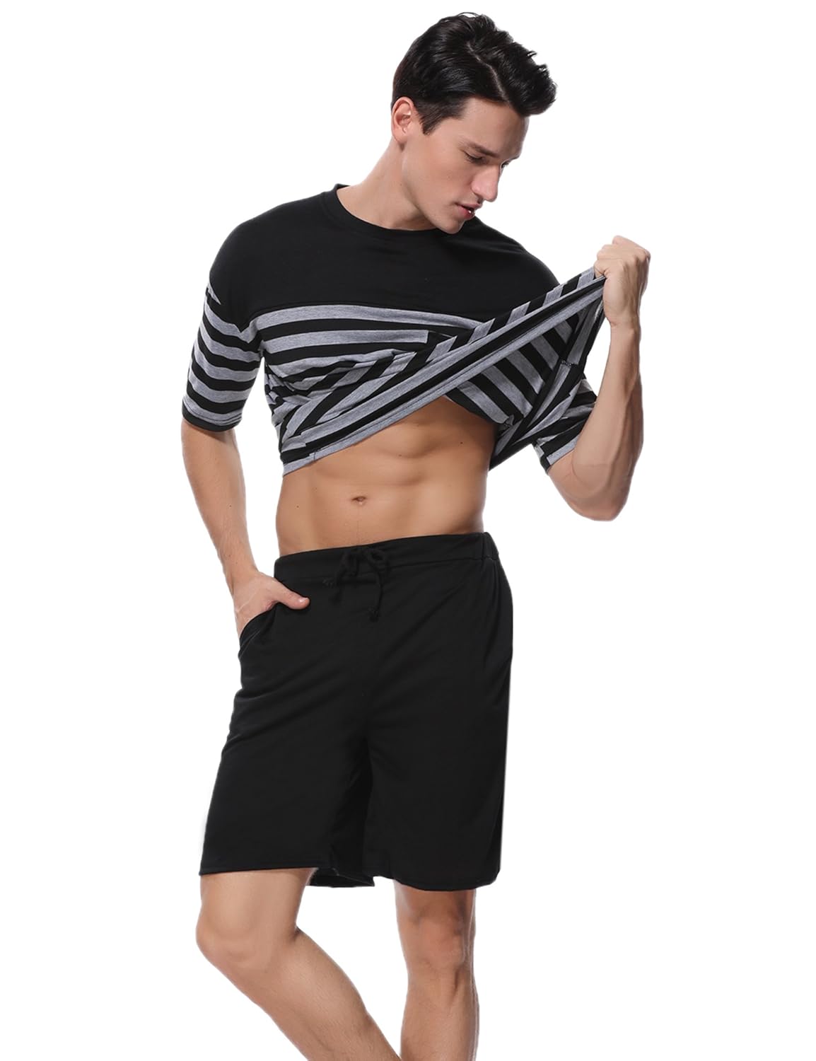 Aiboria Men’s Short Pajama Set Cotton Summer Sleepwear Soft Striped