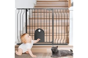 ECHOSOLAR Baby Gate for Stairs with Cat Door - Baby Gate with Pet Door Auto Close 29.5"-48.5" Metal Dog Gate with Cat Door for Doorway/Stairs/House/Walk Through with Includes 2 Extension Pieces and 4 Wall Cups