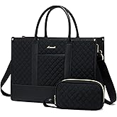 LOVEVOOK Laptop Bags for Women, 17.3 inch Waterproof Work Tote Bag with Clutch, Professional Teacher Computer Purse Lightweight Shoulder Bag Travel, Quilted Black
