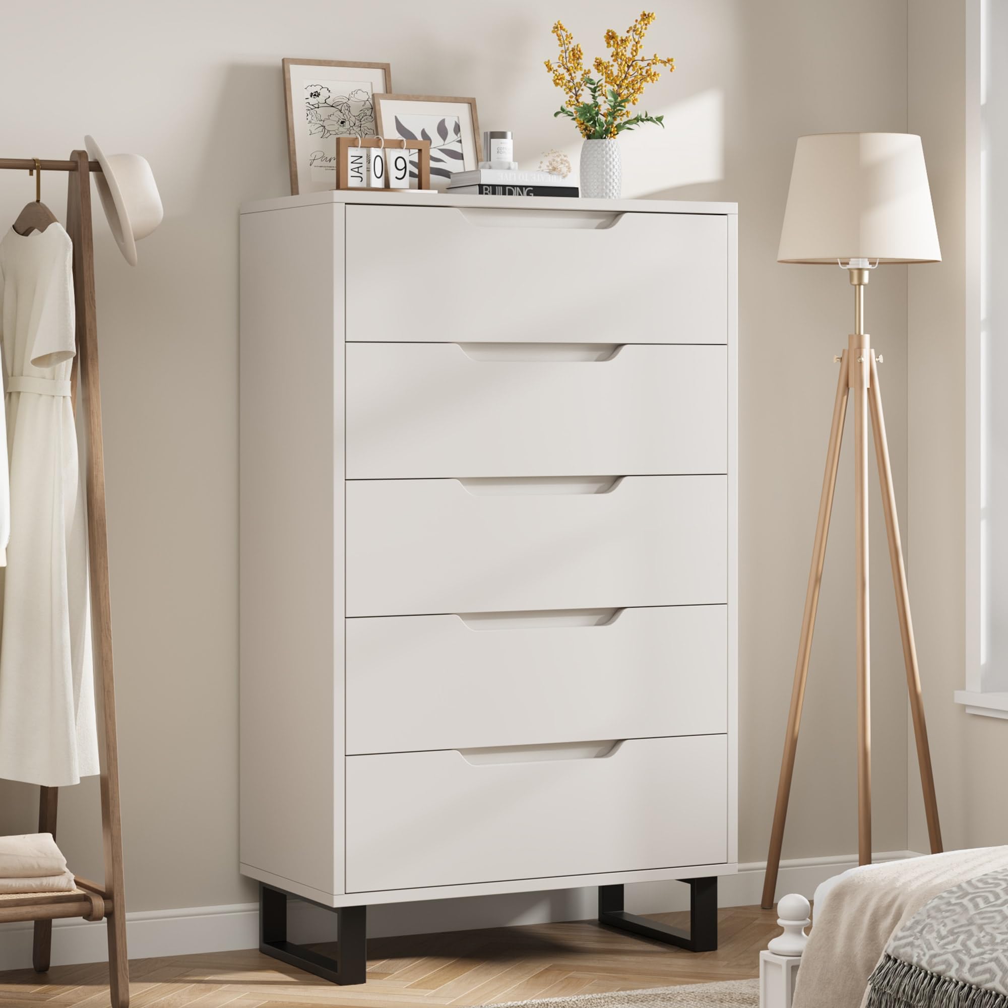 Photo 1 of **DAMAGED**PARTS ONLY**GarveeHome 5 Dresser for Bedroom, 50" Tall Dresser, Freestanding Vertical Drawer with Storage, Wooden Closet Chest Storage for Living Room, Hallway, Entryway, White
