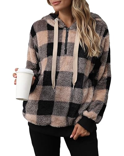 ReachMe Womens Oversized Sherpa Hoodie with Pockets Plaid Fleece