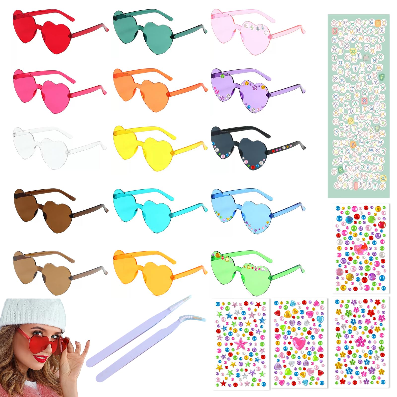 YDAKGUEY 15 Pcs Heart Sunglasses DIY Kit, Rimless Colorful Friendship Glasses with Letter & Rhinestones Stickers, Tweezers for Party Favor, Birthday, Hen Party Adult Accessory