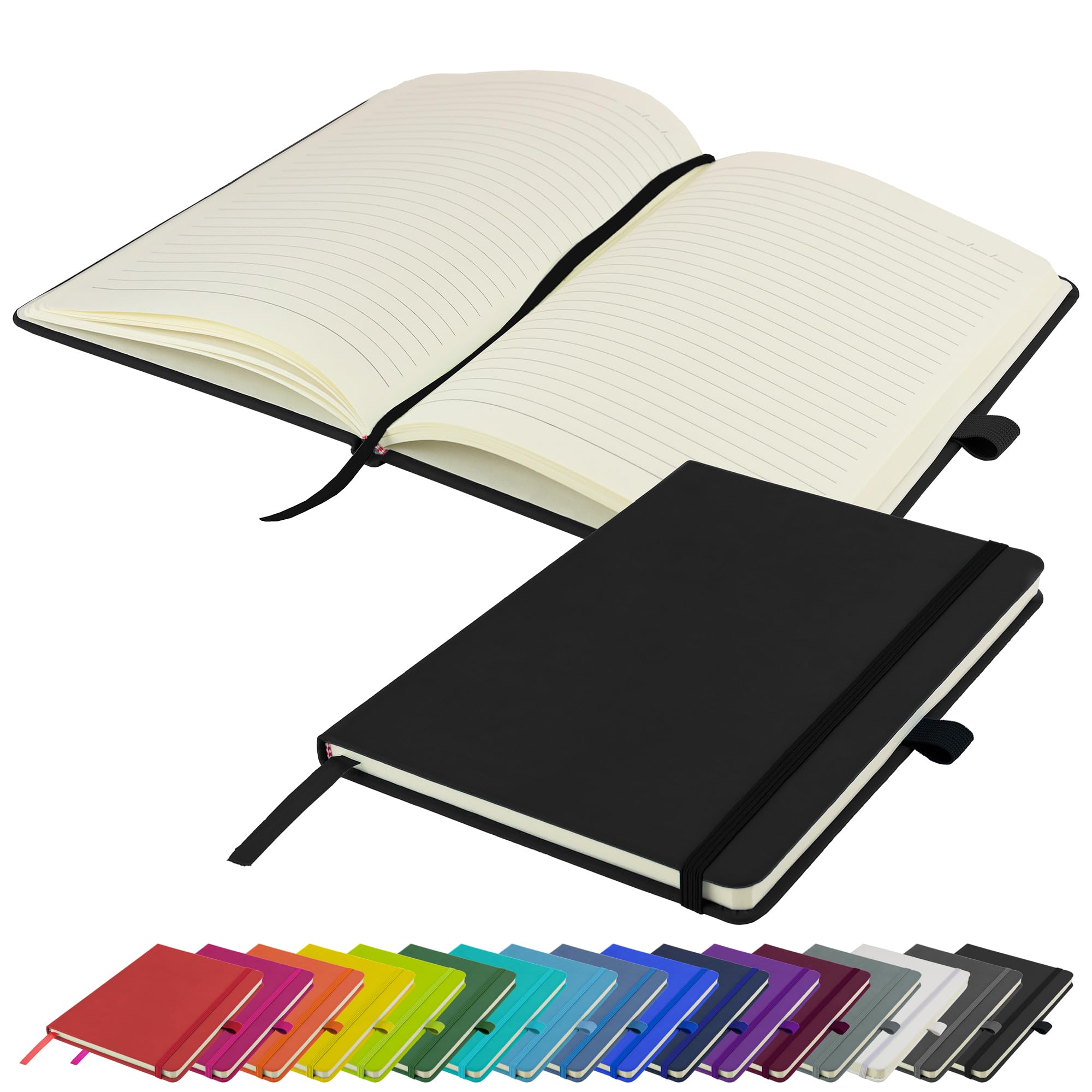 Savvy Bee A5 Notebook New Lined Hardback Journal with pen loop, elastic closure & ribbon page marker Notepad Note Book Notes Diary Pad (Black)